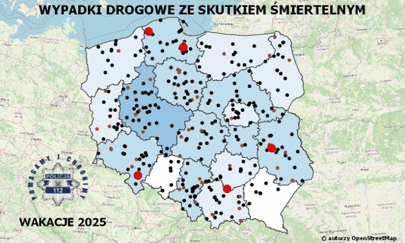 Policyjna mapa wypadków drogowych ze skutkiem śmiertelnym – Wakacje 2025