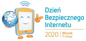 ilustrowany plakat przedstawiający telefon trzymający w dłoni globus- symbol internetu obok widnieje napis o treści dzień bezpiecznego internetu