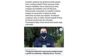 screen wiadomości zamieszczonej na jednym z portali społecznościowych. Wizerunek policjanta w trakcie wywiadu oraz treść komunikatu