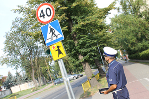 policjant w trakcie kontroli oznakowania w rejonie przejścia dla pieszych przy szkole