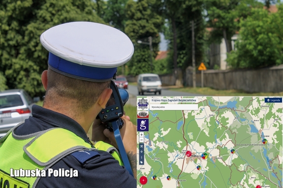 policjant dokujący pomiaru prędkości w prawym dolnym rogu mapa zagrożeń