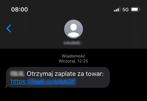 wiadomość sms z podejrzanym linkiem ( link nie jest widoczny na zdjęciu)